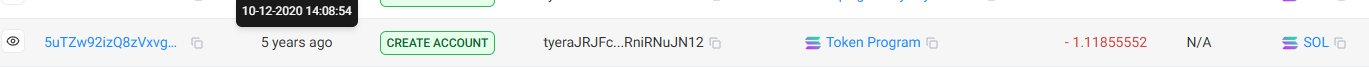 Solscan transaction row showing CREATE ACCOUNT to Token Program