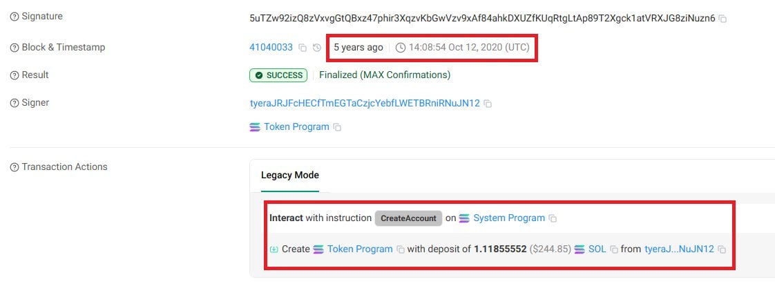 Solscan transaction details — CreateAccount instruction creating Token Program
